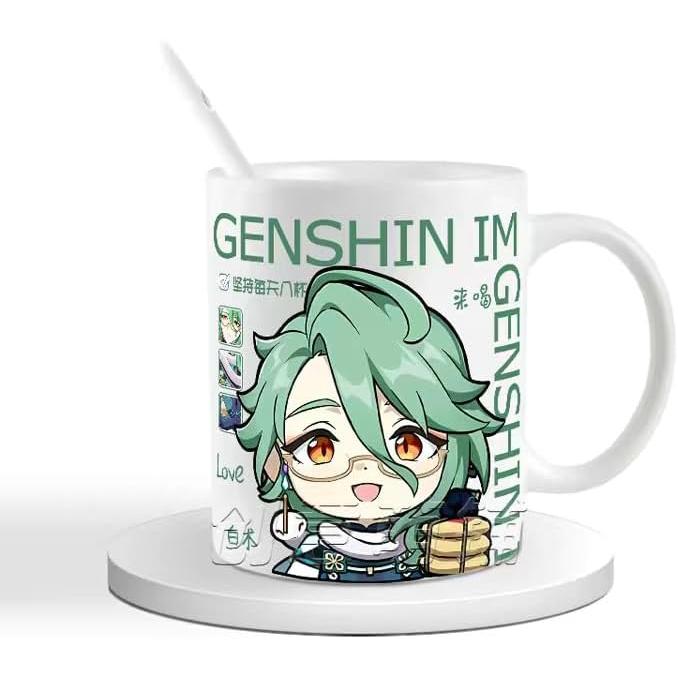 Genshin Ceramic Mug Set - 330ml Chibi Ceramic with Spoon Coaster - Gift for Anime Fans - Zllada