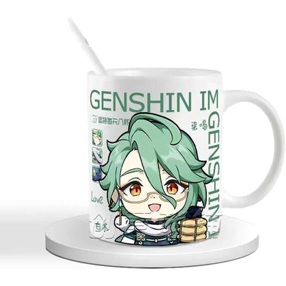 Genshin Ceramic Mug Set - 330ml Chibi Ceramic with Spoon Coaster - Gift for Anime Fans - Zllada