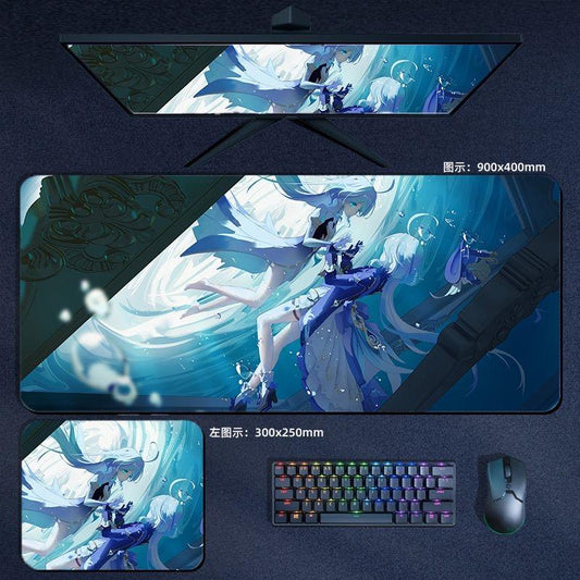 Genshin Desk Mouse Pad - Frina Focalors Thickened Desk Mat with Stitched Edges, Durable and Anti-Slip, Computer Desk Protector for PC Gaming – Focalors & Hydro Theme Design - Zllada