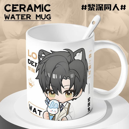 Zayne Love Deepspace Mug Set - 4-Piece Coffee Cup with Lid Coaster Spoon -  330ml Anime Ceramic Cute Desktop Gift for Fans of Zayne Xavier Rafayel Sylus Caleb - Zouven05