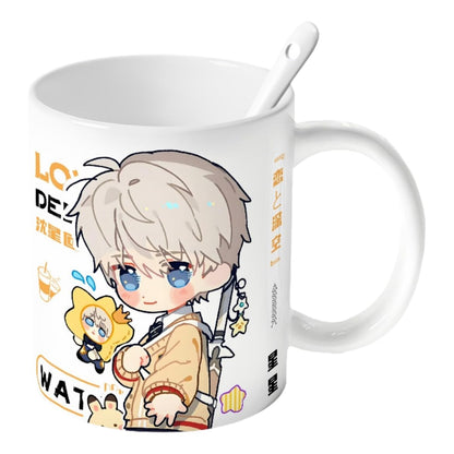 Xavier Love Deepspace Mug Set - 4-Piece Coffee Cup with Lid Coaster Spoon -  330ml Anime Ceramic Cute Desktop Gift for Fans of Zayne Xavier Rafayel Sylus Caleb - Zouven05