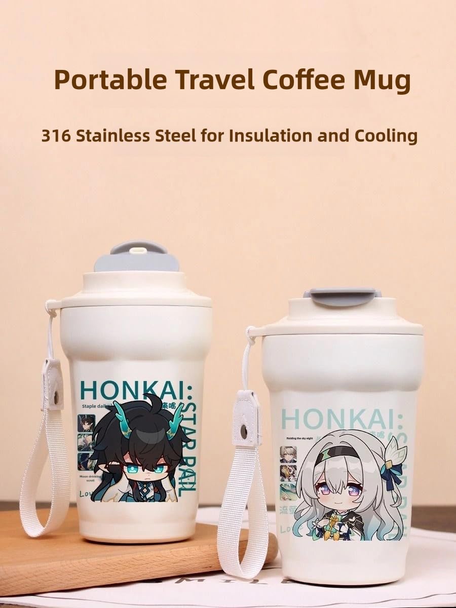 Honkai Star Rail Travel Mug Sparkle - 316 Stainless Steel Insulated Coffee Cup with Dual-Use Lid - Leak-Proof Design & Portable Hand Strap - Anime Gaming Gift for Fans