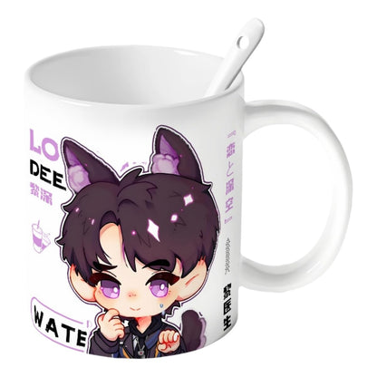 Zayne Love Deepspace Mug Set - 4-Piece Coffee Cup with Lid Coaster Spoon -  330ml Anime Ceramic Cute Desktop Gift for Fans of Zayne Xavier Rafayel Sylus Caleb - Zouven05