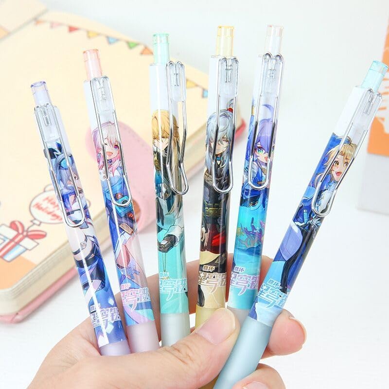 Zllada Honkai Star Rail Gel Pens - Black 6 Styles 12-Piece Set with 50 Refills - Jing Yuan Bailu March 7th Yanqing Luocha Silver Wolf - Gift for Fans