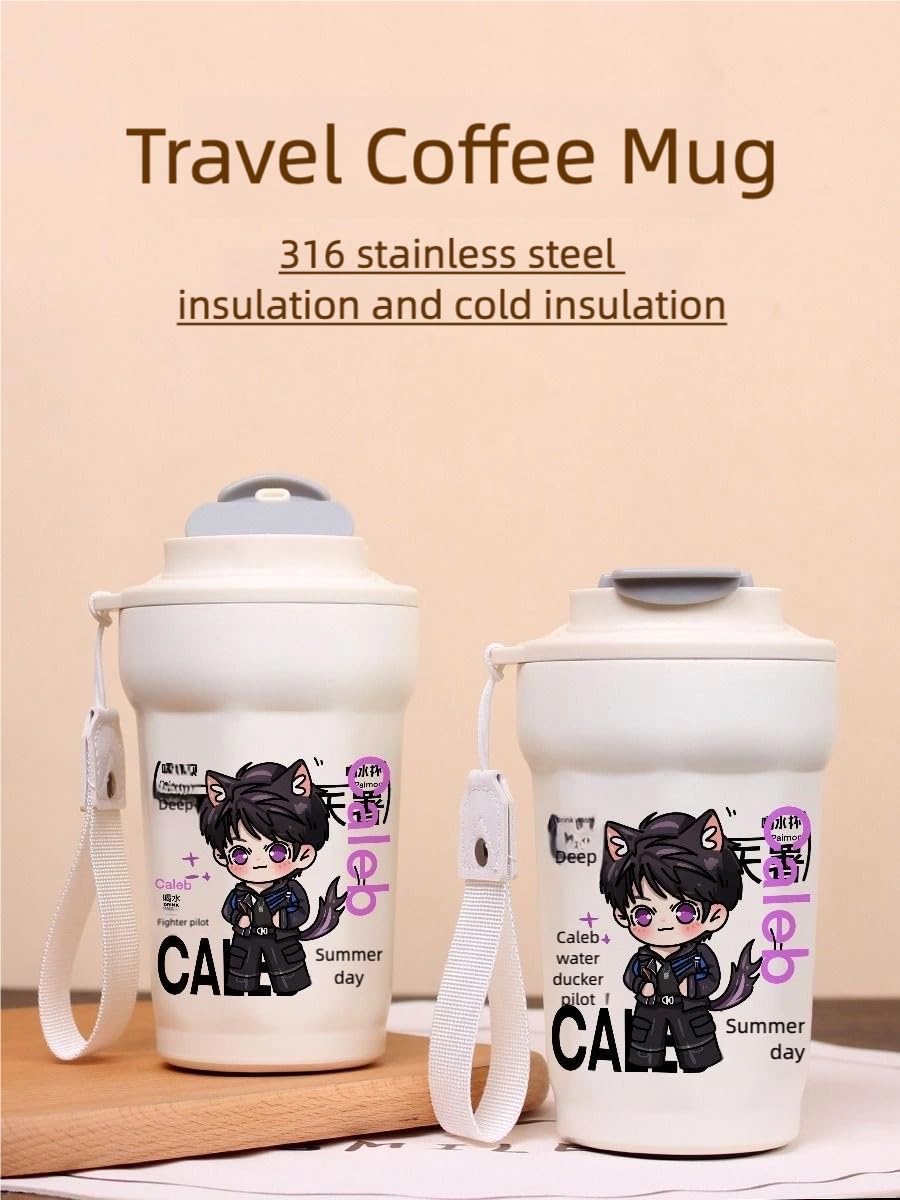 Love Deepspace Mug Cup - 480ml Travel Cold Hot Drinks - 316 Stainless Steel Insulated Coffee Cup with Dual-Use Lid - Leak-Proof Design & Portable Hand Strap - Anime Game Gift for Fans
