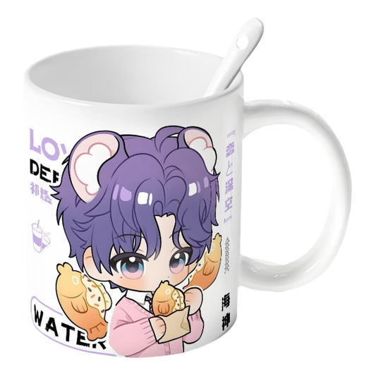 Rafayel Love Deepspace Mug Set - 4-Piece Coffee Cup with Lid Coaster Spoon -  330ml Anime Ceramic Cute Desktop Gift for Fans of Zayne Xavier Rafayel Sylus Caleb - Zouven05