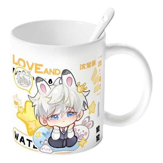 Xavier Love Deepspace Mug Set - 4-Piece Coffee Cup with Lid Coaster Spoon -  330ml Anime Ceramic Cute Desktop Gift for Fans of Zayne Xavier Rafayel Sylus Caleb - Zouven05