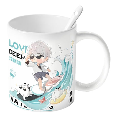 Xavier Love Deepspace Mug Set - 4-Piece Coffee Cup with Lid Coaster Spoon -  330ml Anime Ceramic Cute Desktop Gift for Fans of Zayne Xavier Rafayel Sylus Caleb - Zouven05