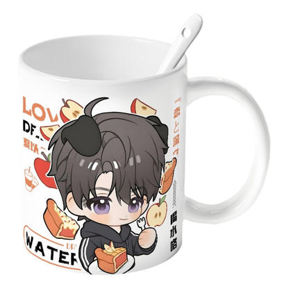 Caleb Love Deepspace Mug Set - 4-Piece Coffee Cup with Lid Coaster Spoon -  330ml Anime Ceramic Cute Desktop Gift for Fans of Zayne Xavier Rafayel Sylus Caleb - Zouven