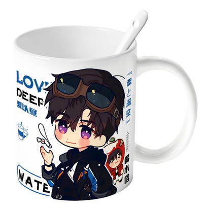 Caleb Love Deepspace Mug Set - 4-Piece Coffee Cup with Lid Coaster Spoon -  330ml Anime Ceramic Cute Desktop Gift for Fans of Zayne Xavier Rafayel Sylus Caleb - Zouven