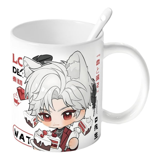 Sylus Love Deepspace Mug Set - 4-Piece Coffee Cup with Lid Coaster Spoon -  330ml Anime Ceramic Cute Desktop Gift for Fans of Zayne Xavier Rafayel Sylus Caleb - Zouven05