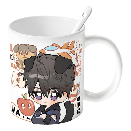 Caleb Love Deepspace Mug Set - 4-Piece Coffee Cup with Lid Coaster Spoon -  330ml Anime Ceramic Cute Desktop Gift for Fans of Zayne Xavier Rafayel Sylus Caleb - Zouven