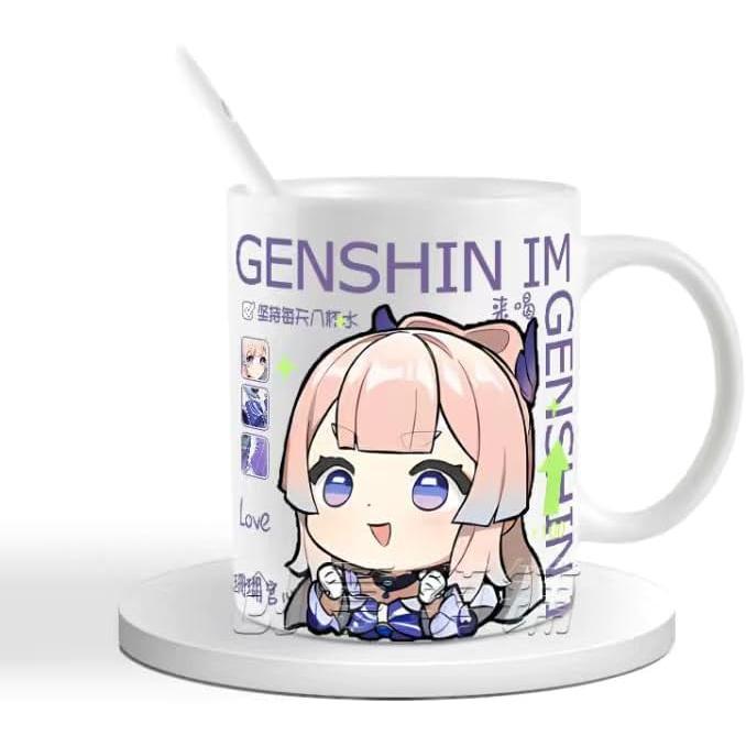 Genshin Ceramic Mug Set - 330ml Chibi Ceramic with Spoon Coaster - Gift for Anime Fans - Zllada