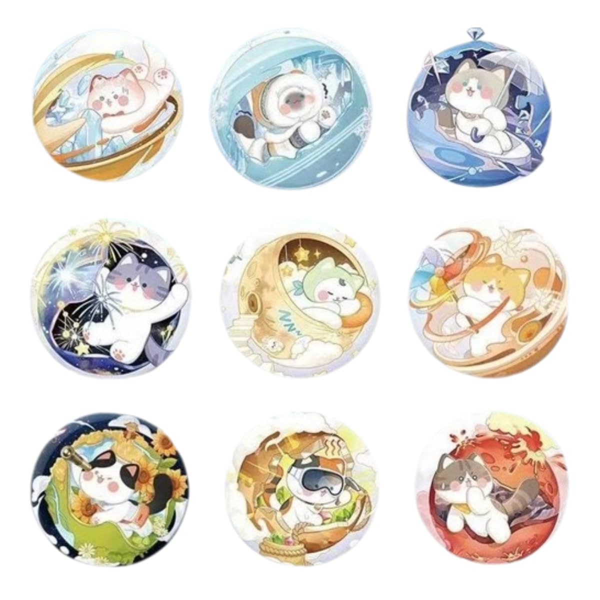 Cat Card Love Deepspace Badge Pin Set  - 9 Pcs 58mm with 5 Character Cute Cartoon Style - Zayne, Xavier, Rafayel, Sylus,Caleb - Brooch Pendant for Ita Bag Decoration