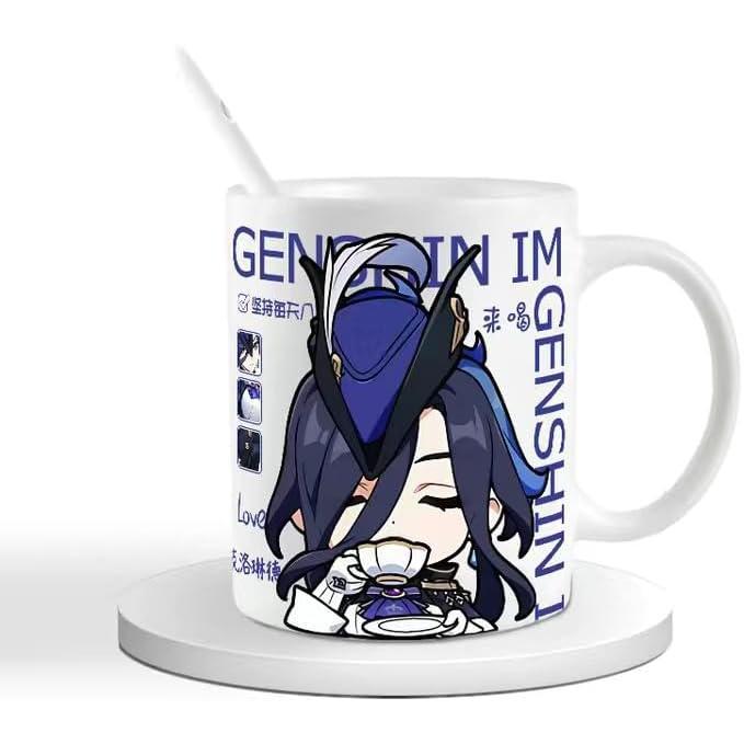 Genshin Ceramic Mug Set - 330ml Chibi Ceramic with Spoon Coaster - Gift for Anime Fans - Zllada