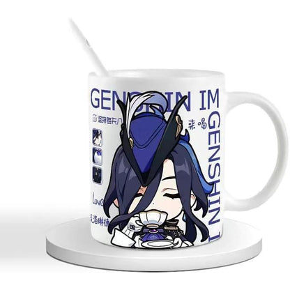 Genshin Ceramic Mug Set - 330ml Chibi Ceramic with Spoon Coaster - Gift for Anime Fans - Zllada