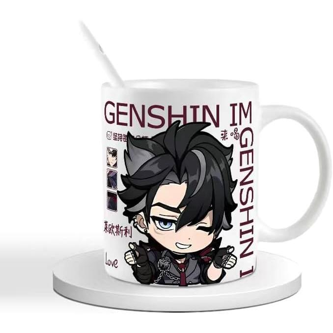 Genshin Ceramic Mug Set - 330ml Chibi Ceramic with Spoon Coaster - Gift for Anime Fans - Zllada