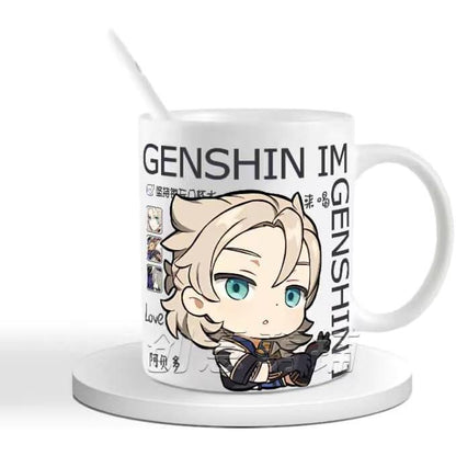 Genshin Ceramic Mug Set - 330ml Chibi Ceramic with Spoon Coaster - Gift for Anime Fans - Zllada