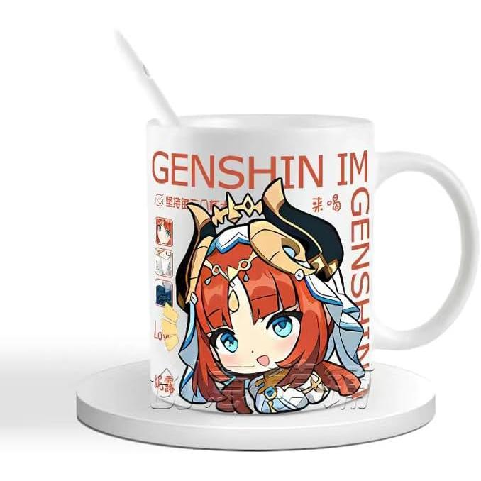 Genshin Ceramic Mug Set - 330ml Chibi Ceramic with Spoon Coaster - Gift for Anime Fans - Zllada