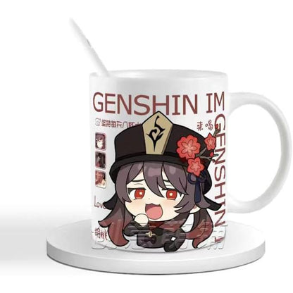 Genshin Ceramic Mug Set - 330ml Chibi Ceramic with Spoon Coaster - Gift for Anime Fans - Zllada