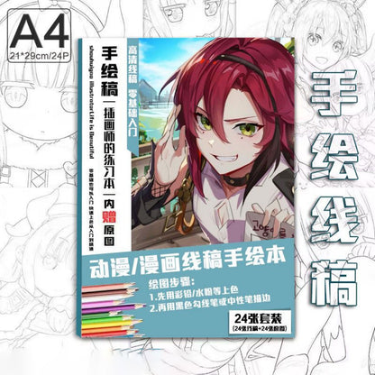 Genshin Coloring Books 24 A4 Pages Paper - with 50 Pcs Stickers Pin Badge Gifts  - Zllada