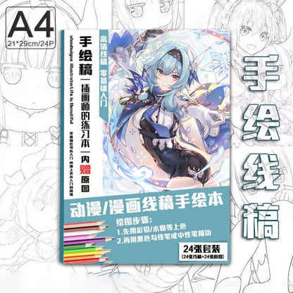 Genshin Coloring Books 24 A4 Pages Paper - with 50 Pcs Stickers Pin Badge Gifts  - Zllada