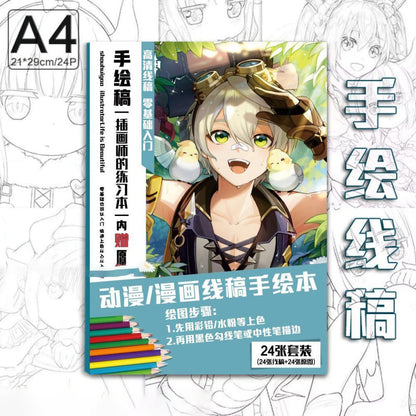 Genshin Coloring Books 24 A4 Pages Paper - with 50 Pcs Stickers Pin Badge Gifts  - Zllada