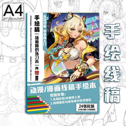 Genshin Coloring Books 24 A4 Pages Paper - with 50 Pcs Stickers Pin Badge Gifts  - Zllada