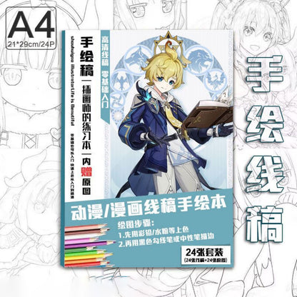 Genshin Coloring Books 24 A4 Pages Paper - with 50 Pcs Stickers Pin Badge Gifts  - Zllada