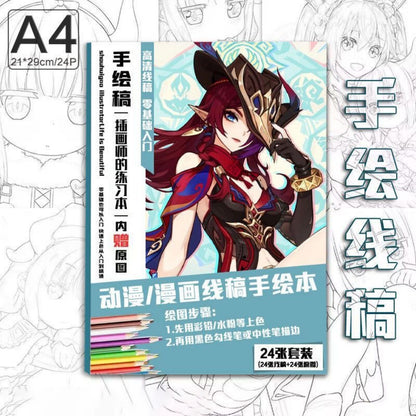 Genshin Coloring Books 24 A4 Pages Paper - with 50 Pcs Stickers Pin Badge Gifts  - Zllada