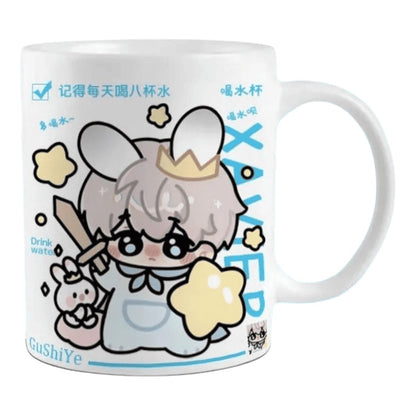 Zllada Love Deepspace Mug Set - 330ml Chibi Ceramic Mug with Spoon & Coaster - Ideal Gift for Game Fans Featuring Zayne, Xavier, Rafayel, Sylus & Caleb