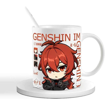 Genshin Ceramic Mug Set - 330ml Chibi Ceramic with Spoon Coaster - Gift for Anime Fans - Zllada