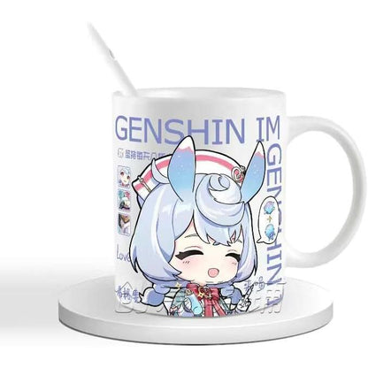 Genshin Ceramic Mug Set - 330ml Chibi Ceramic with Spoon Coaster - Gift for Anime Fans - Zllada