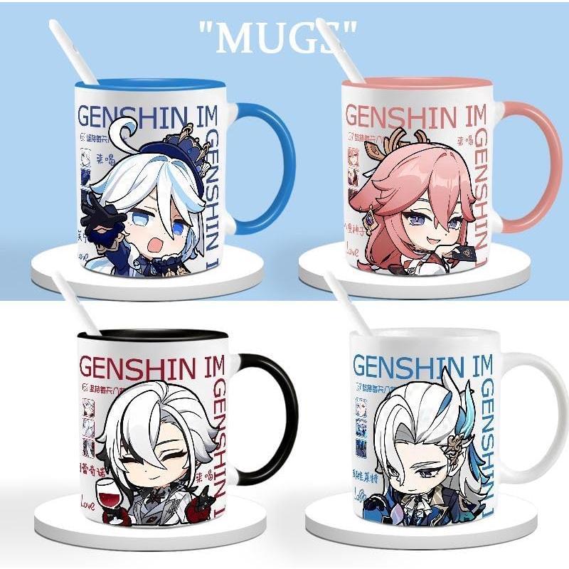 Genshin Ceramic Mug Set - 330ml Chibi Ceramic with Spoon Coaster - Gift for Anime Fans - Zllada
