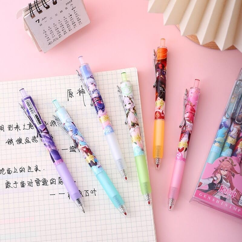 Genshin Gel Pens - Black 6 Styles 12-Piece Set with 10 Refills - HuTao Ganyu YaeMiko Beelzebul Ayaka Nahida - Gift for Fans - Zllada