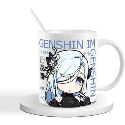 Genshin Ceramic Mug Set - 330ml Chibi Ceramic with Spoon Coaster - Gift for Anime Fans - Zllada