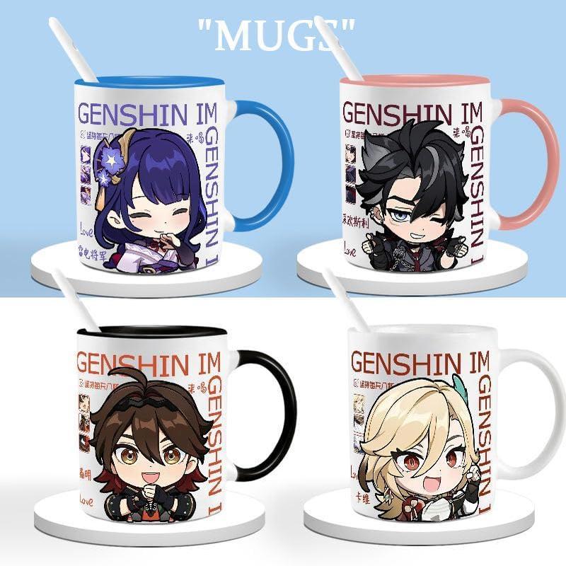 Genshin Ceramic Mug Set - 330ml Chibi Ceramic with Spoon Coaster - Gift for Anime Fans - Zllada