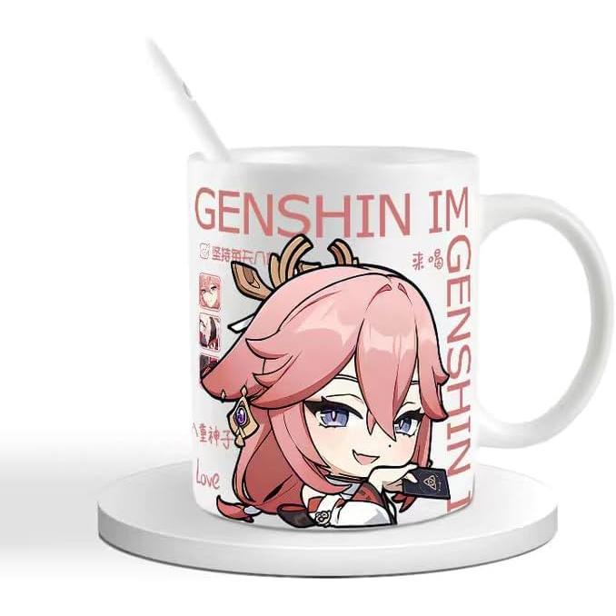 Genshin Ceramic Mug Set - 330ml Chibi Ceramic with Spoon Coaster - Gift for Anime Fans - Zllada