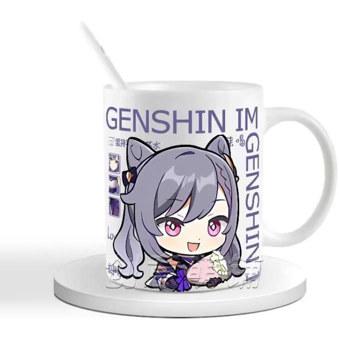 Genshin Ceramic Mug Set - 330ml Chibi Ceramic with Spoon Coaster - Gift for Anime Fans - Zllada