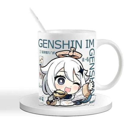 Genshin Ceramic Mug Set - 330ml Chibi Ceramic with Spoon Coaster - Gift for Anime Fans - Zllada