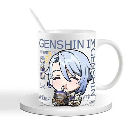 Genshin Ceramic Mug Set - 330ml Chibi Ceramic with Spoon Coaster - Gift for Anime Fans - Zllada