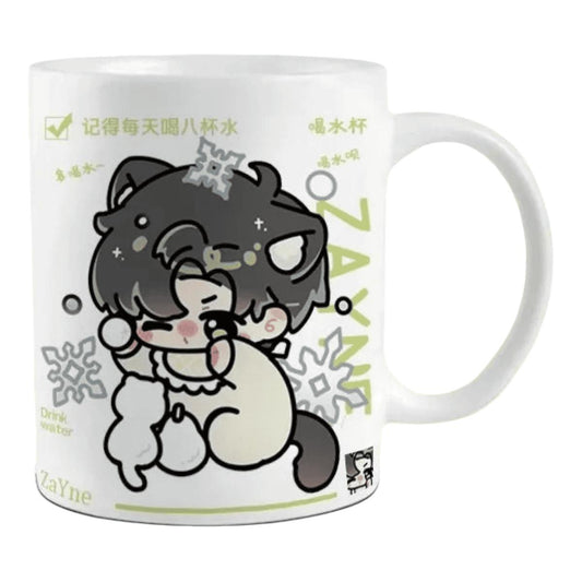 Zllada Love and Deepspace Mug Set - 330ml Chibi Ceramic Mug with Spoon & Coaster - Ideal Gift for Game Fans Featuring Zayne, Xavier, Rafayel, Sylus & Caleb
