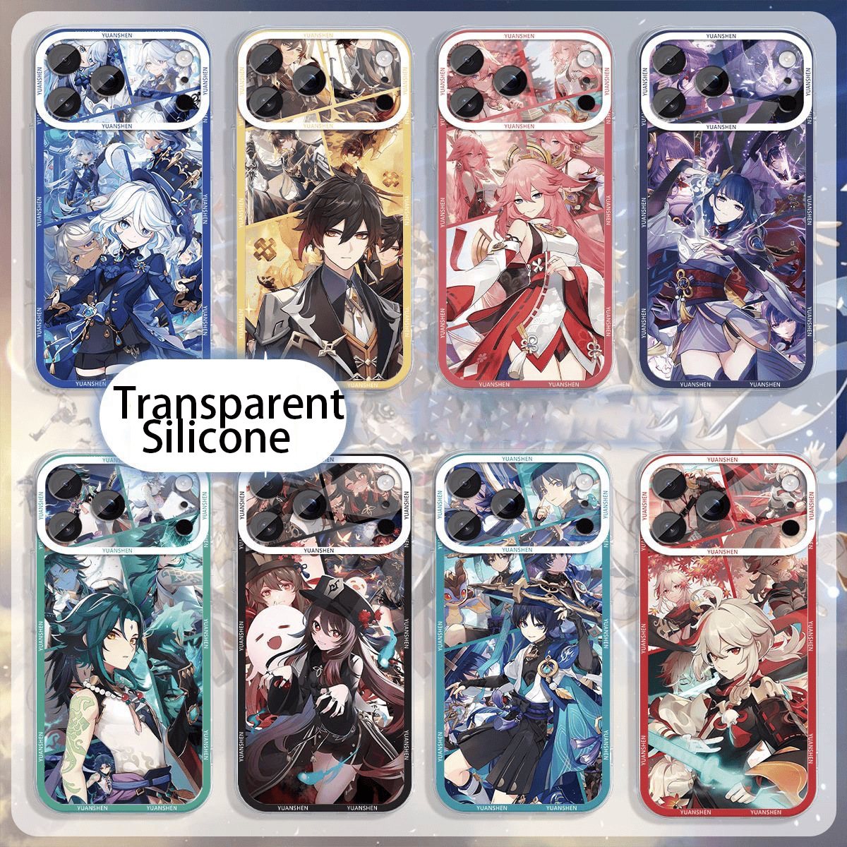 Genshin Phone Case - Cute Transparent Silicone Full Camera Protection All Round Defense Non Slip Cover - Anime Character Design [Specify Fit for iPhone Model]