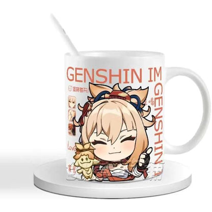 Genshin Ceramic Mug Set - 330ml Chibi Ceramic with Spoon Coaster - Gift for Anime Fans - Zllada