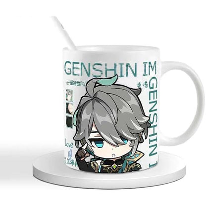 Genshin Ceramic Mug Set - 330ml Chibi Ceramic with Spoon Coaster - Gift for Anime Fans - Zllada