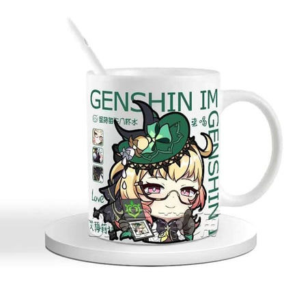 Genshin Ceramic Mug Set - 330ml Chibi Ceramic with Spoon Coaster - Gift for Anime Fans - Zllada
