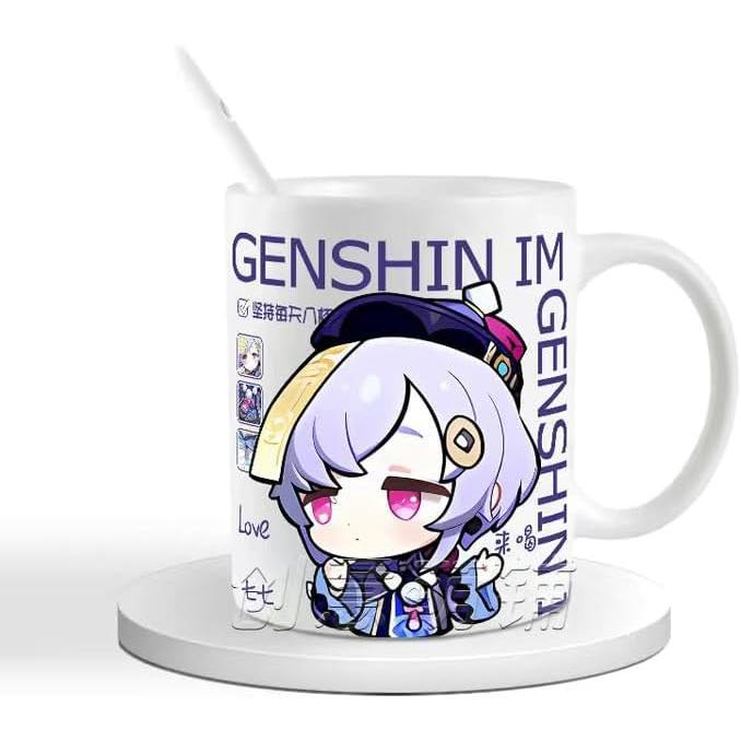 Genshin Ceramic Mug Set - 330ml Chibi Ceramic with Spoon Coaster - Gift for Anime Fans - Zllada