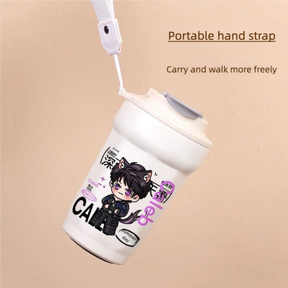 Love Deepspace Mug Cup - 480ml Travel Cold Hot Drinks - 316 Stainless Steel Insulated Coffee Cup with Dual-Use Lid - Leak-Proof Design & Portable Hand Strap - Anime Game Gift for Fans