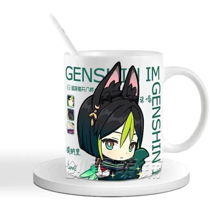Genshin Ceramic Mug Set - 330ml Chibi Ceramic with Spoon Coaster - Gift for Anime Fans - Zllada