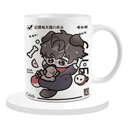 Caleb Love and Deepspace Mug Set - 330ml Chibi Ceramic Mug with Spoon & Coaster - Ideal Gift for Game Fans Featuring Zayne, Xavier, Rafayel, Sylus & Caleb